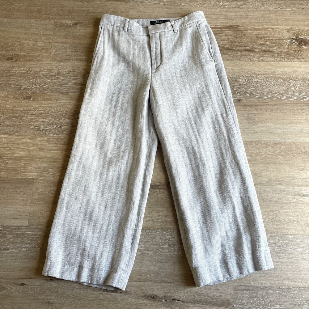 Lauren Ralph Lauren Herringbone Linen Wide Leg Crop Pants Size 8 Gray Lined